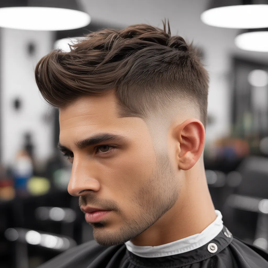 High and tight haircut with longer textured hair on top and faded sides.