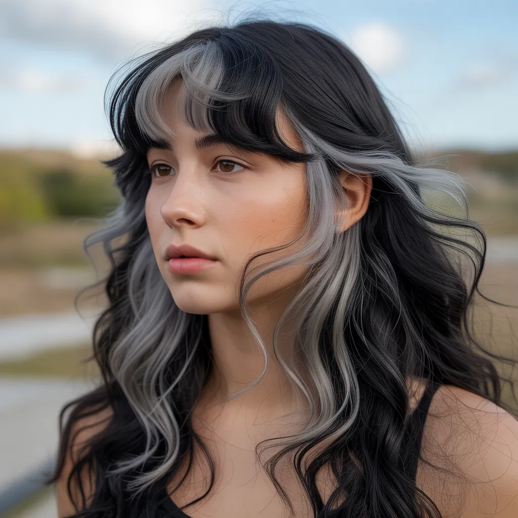 Long emo haircut with waist-length black hair and soft face-framing layers