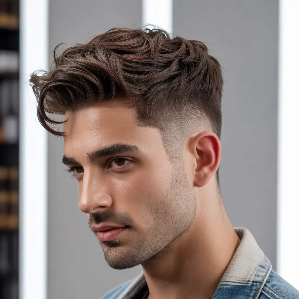 Two Block Haircut Styles: Best Looks for Men 2026 5 Model with medium two block haircut, textured waves, fade sides, stylish urban fashion.