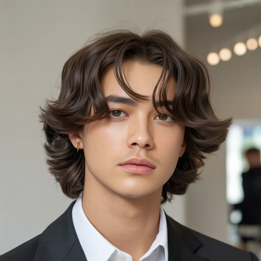 Young male model with Softboy Eboy haircut, longish natural layers, minimal styling, relaxed surf-inspired aesthetic, effortless cool vibe