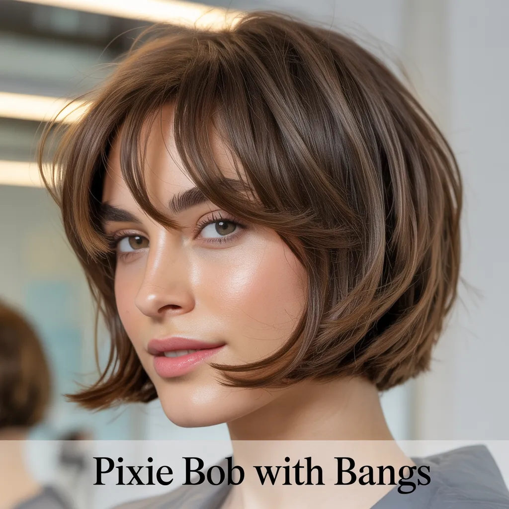 Stylish pixie bob haircut with soft curtain bangs framing the face for a modern feminine hairstyle.