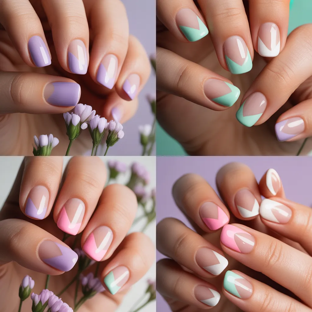 Four modern French manicure designs for spring 2026 featuring lavender tips, double French lines, geometric patterns, and heart-shaped tips