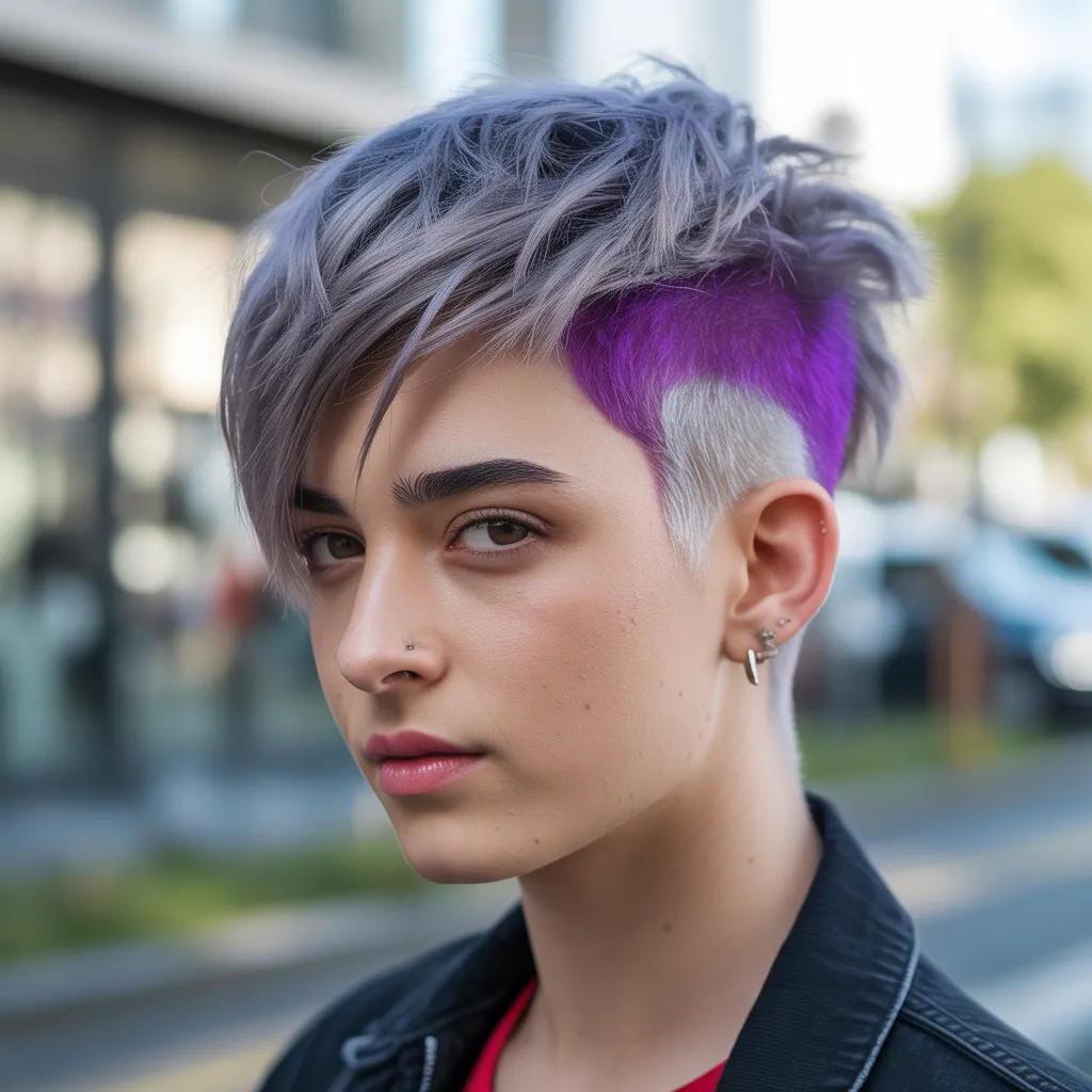 Short emo pixie haircut with purple and silver undercut and asymmetrical fringe