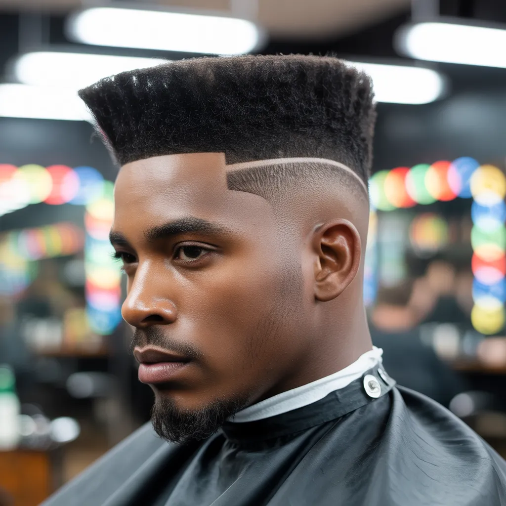 Black man with classic Skytop fade haircut featuring high taper fade sides and vertical textured top, 2026 men's hairstyle trend
