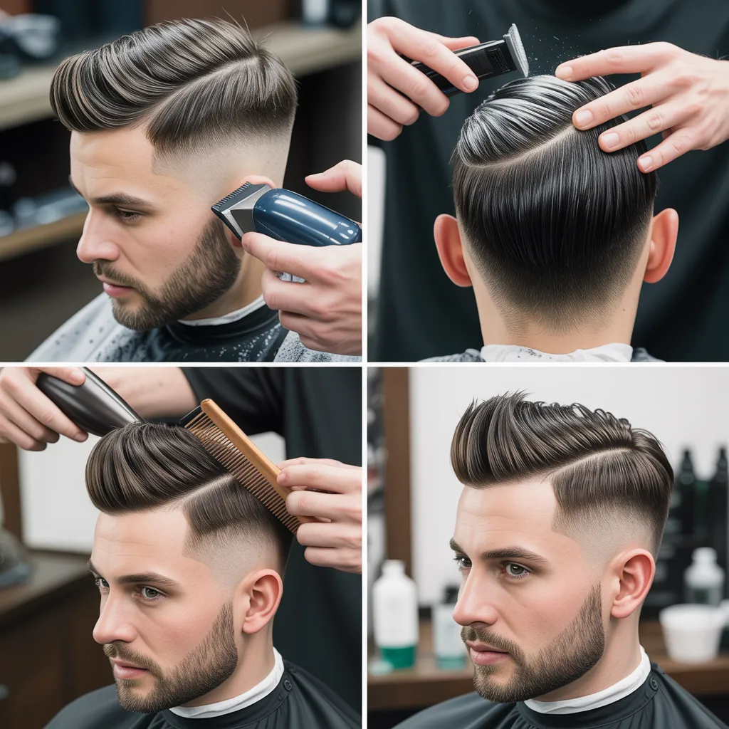 Collage of Skytop haircut maintenance steps including trimming, styling products, blow-drying, and finished look