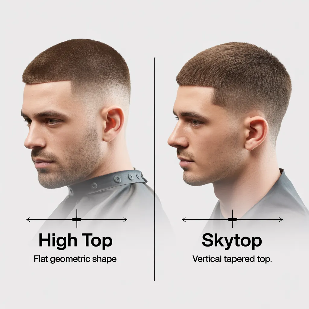 Infographic comparing Skytop vs High Top haircut differences, showing flat geometric top versus vertical tapered Skytop