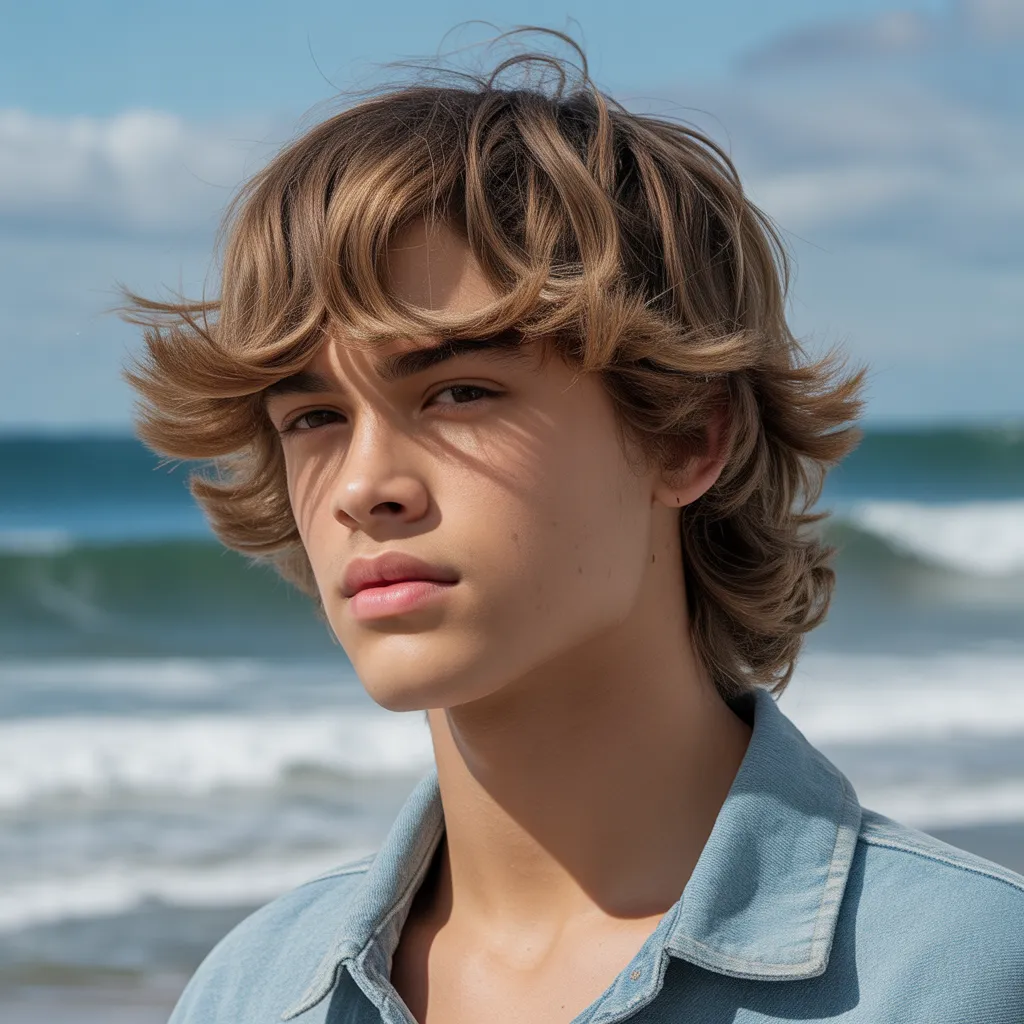 Brooklyn Beckham inspired Eboy curtain haircut with wet-look texture, medium length hair tucked behind ears, sophisticated 90s revival style