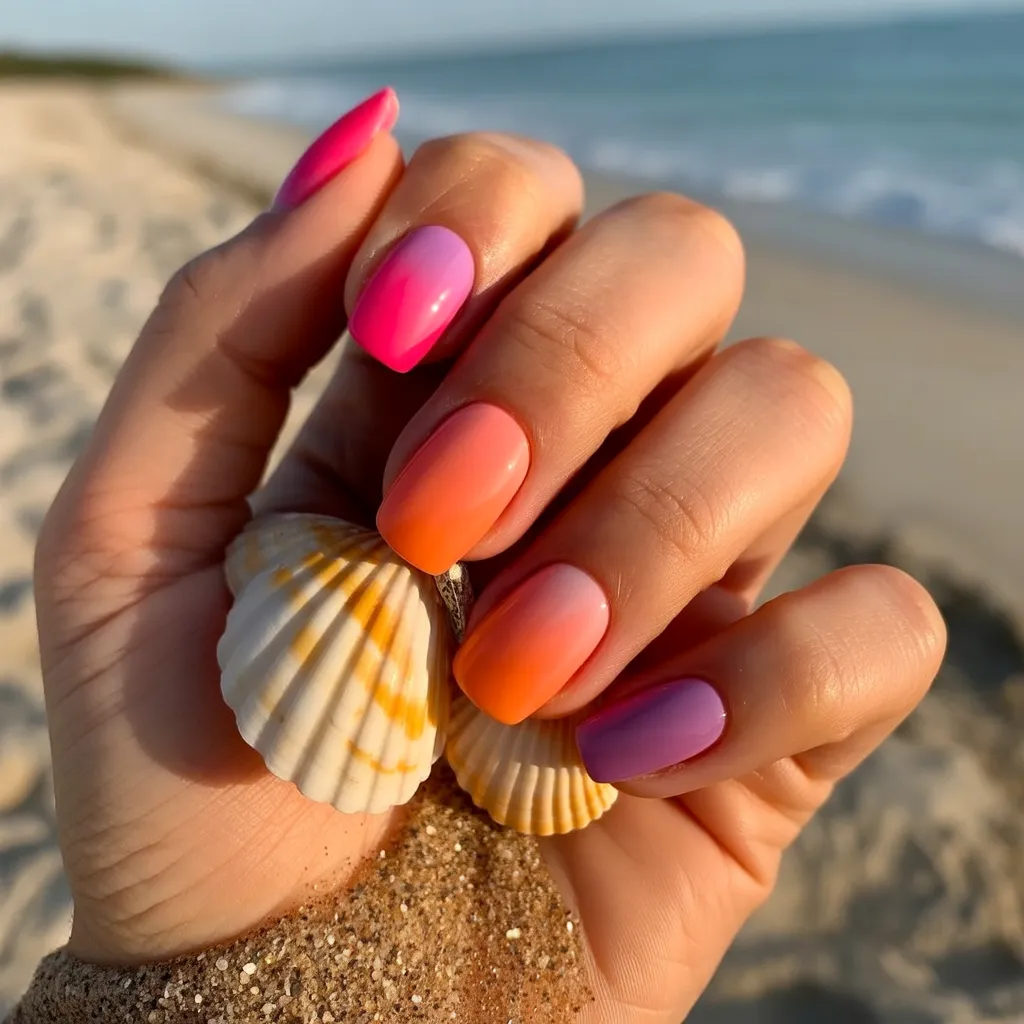 Summer Nails Inspo: 2026's Hottest Trends, Colors & Designs for Your Ultimate Sun-Kissed Manicure 8 Sunset ombre summer nails with pink-to-orange-to-purple gradient capturing beach sunset magic
