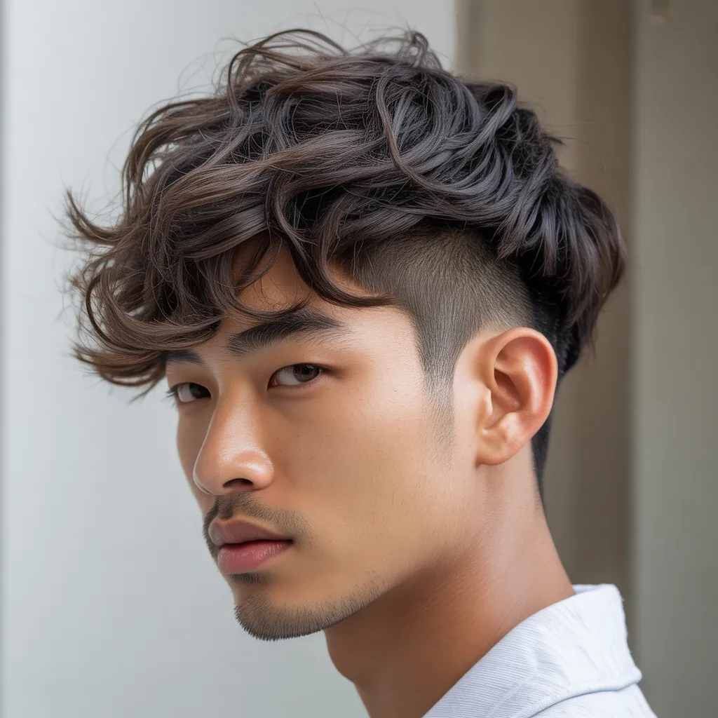 Asian male with textured crop Skytop hybrid, choppy wavy layers, low fade sides, 2026 men's textured hair trend
