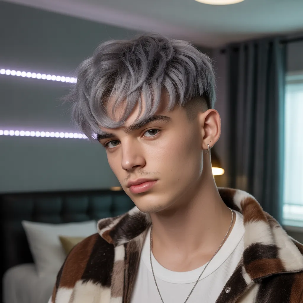 Gen Z male with TikTok viral Eboy haircut featuring middle part curtain bangs and fluffy textured layers, alternative aesthetic style