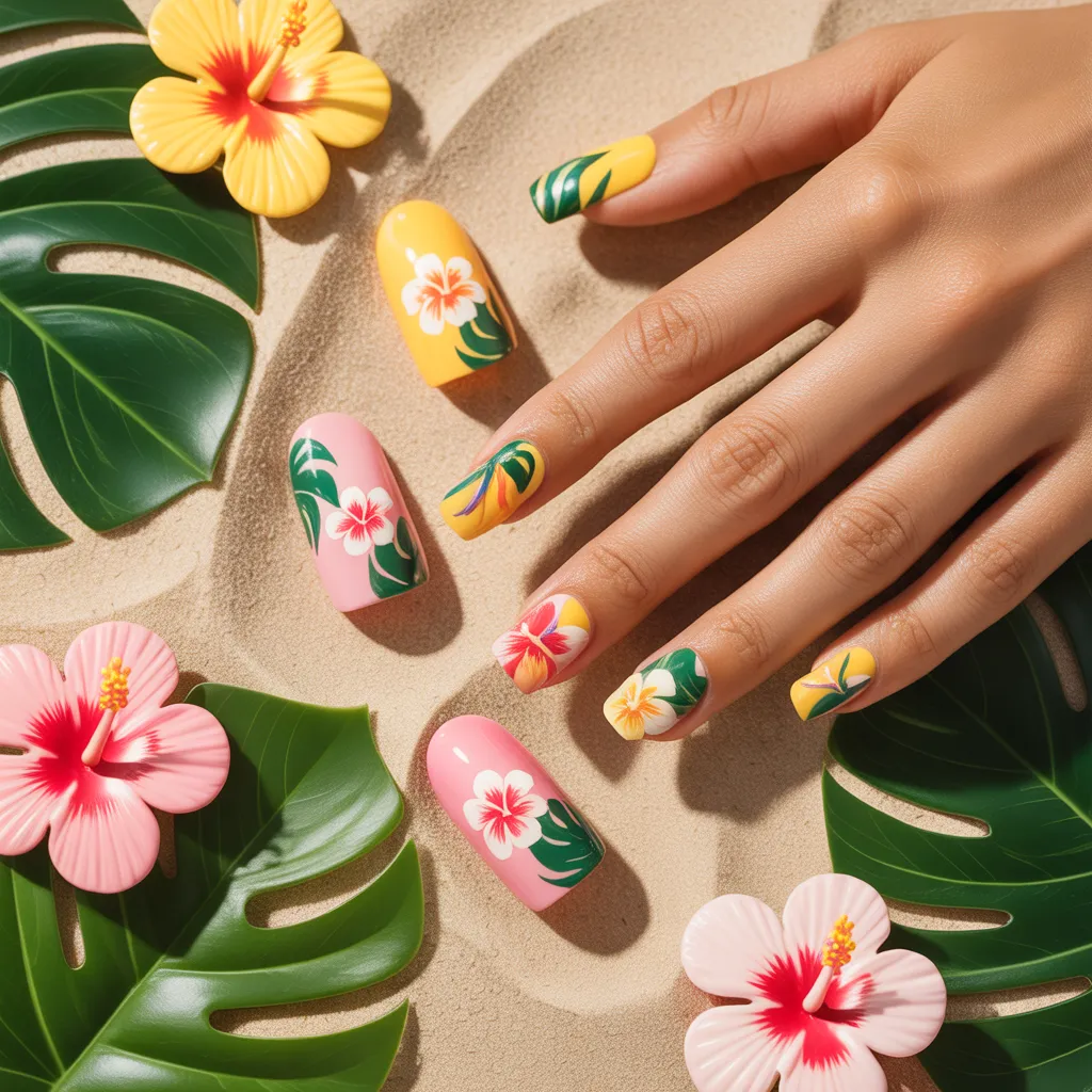 Summer Nails Inspo: 2026's Hottest Trends, Colors & Designs for Your Ultimate Sun-Kissed Manicure 7 Tropical hibiscus and monstera leaf press-on summer nails with vibrant floral nail art for beach vacation