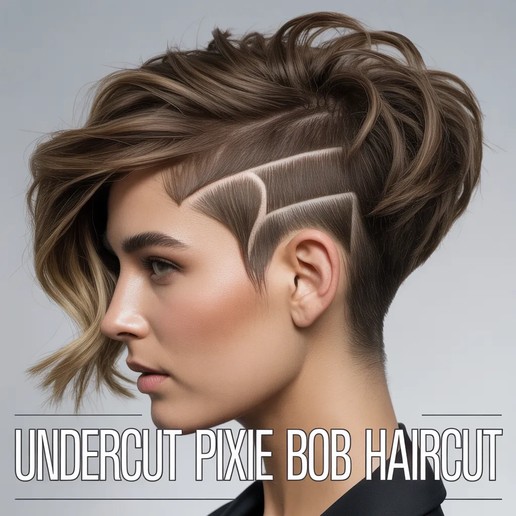 Edgy undercut pixie bob haircut with shaved sides and textured top layers for a bold modern look.